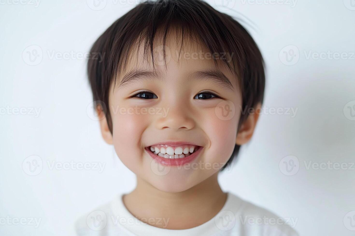 A little boy smiles while standing in front of a white background photo