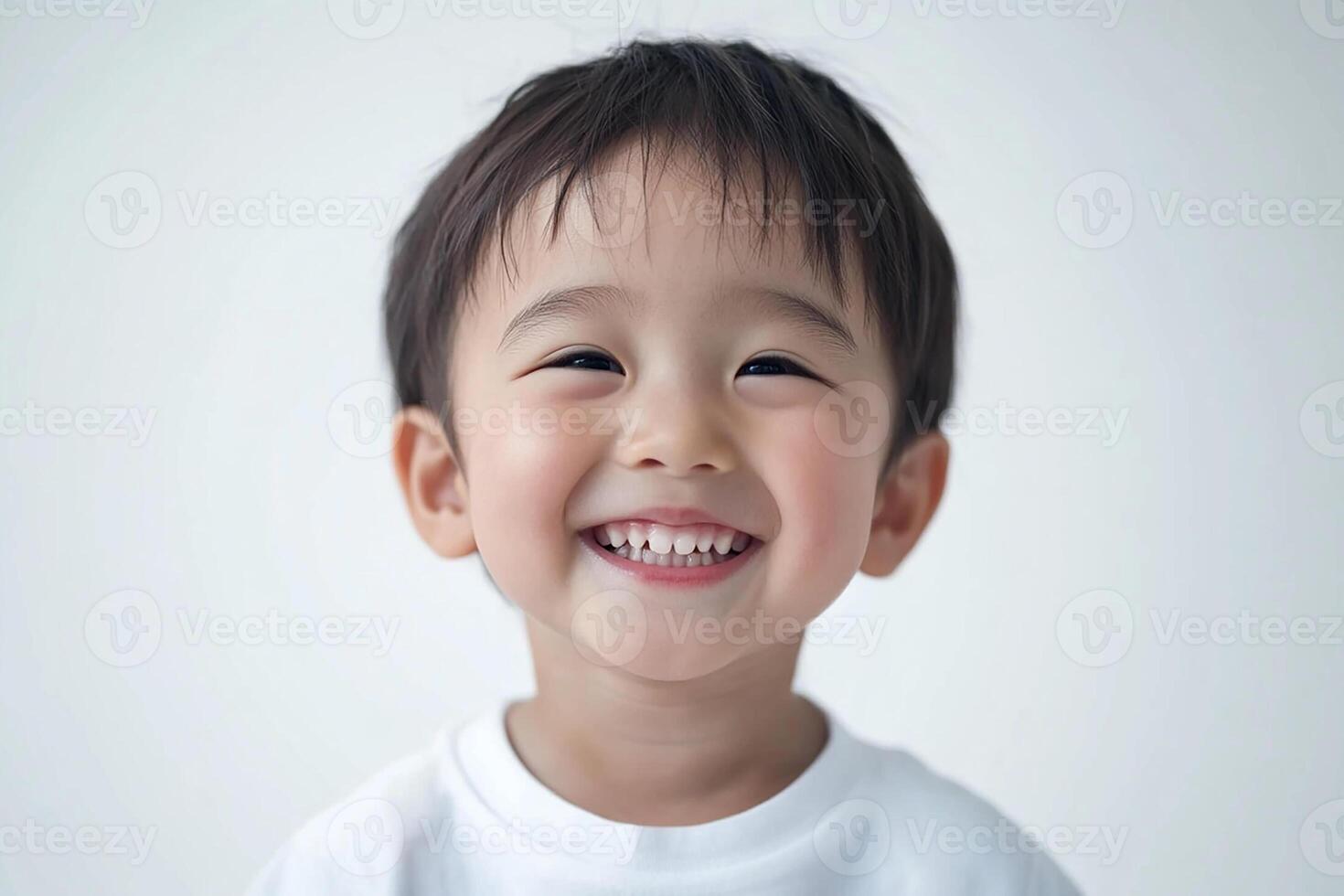 A young boy smiles while standing in front of a white background photo