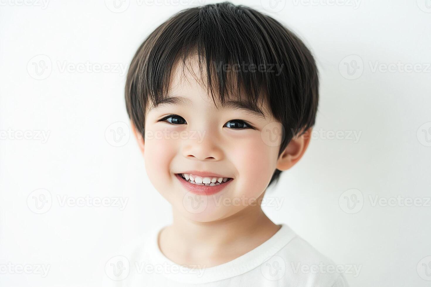 A little boy with black hair smiling photo
