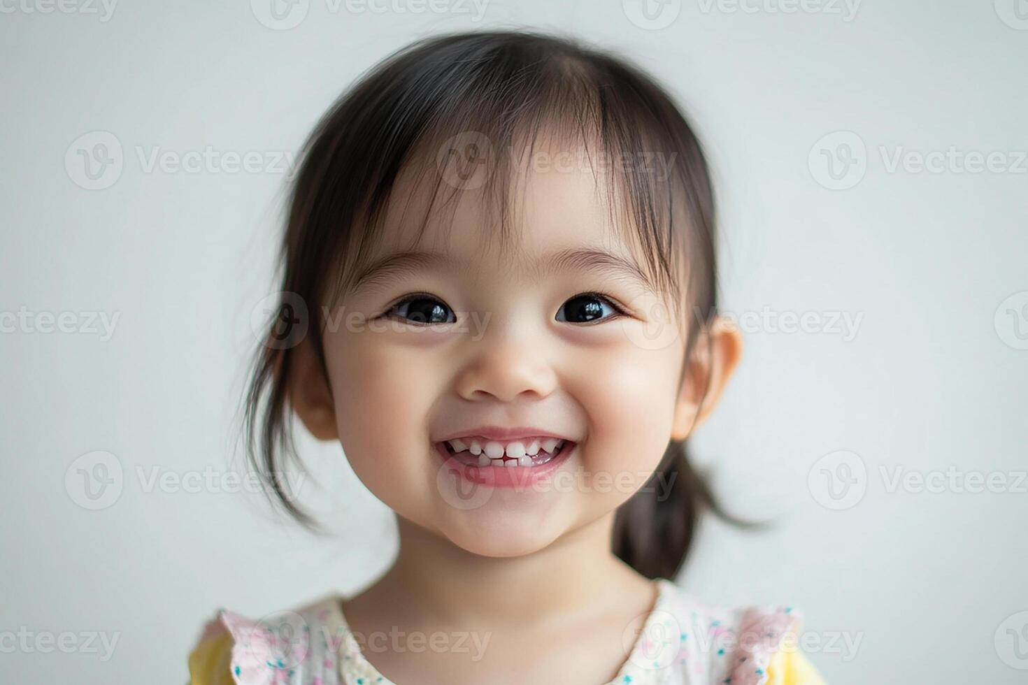 A little girl smiles while standing in front of a white background photo
