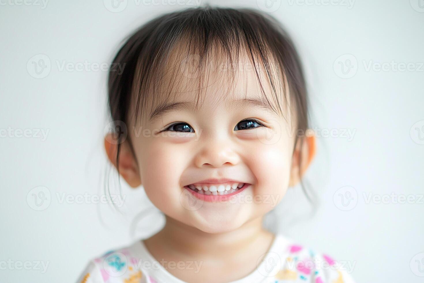 A little girl smiles while standing in front of a white background photo