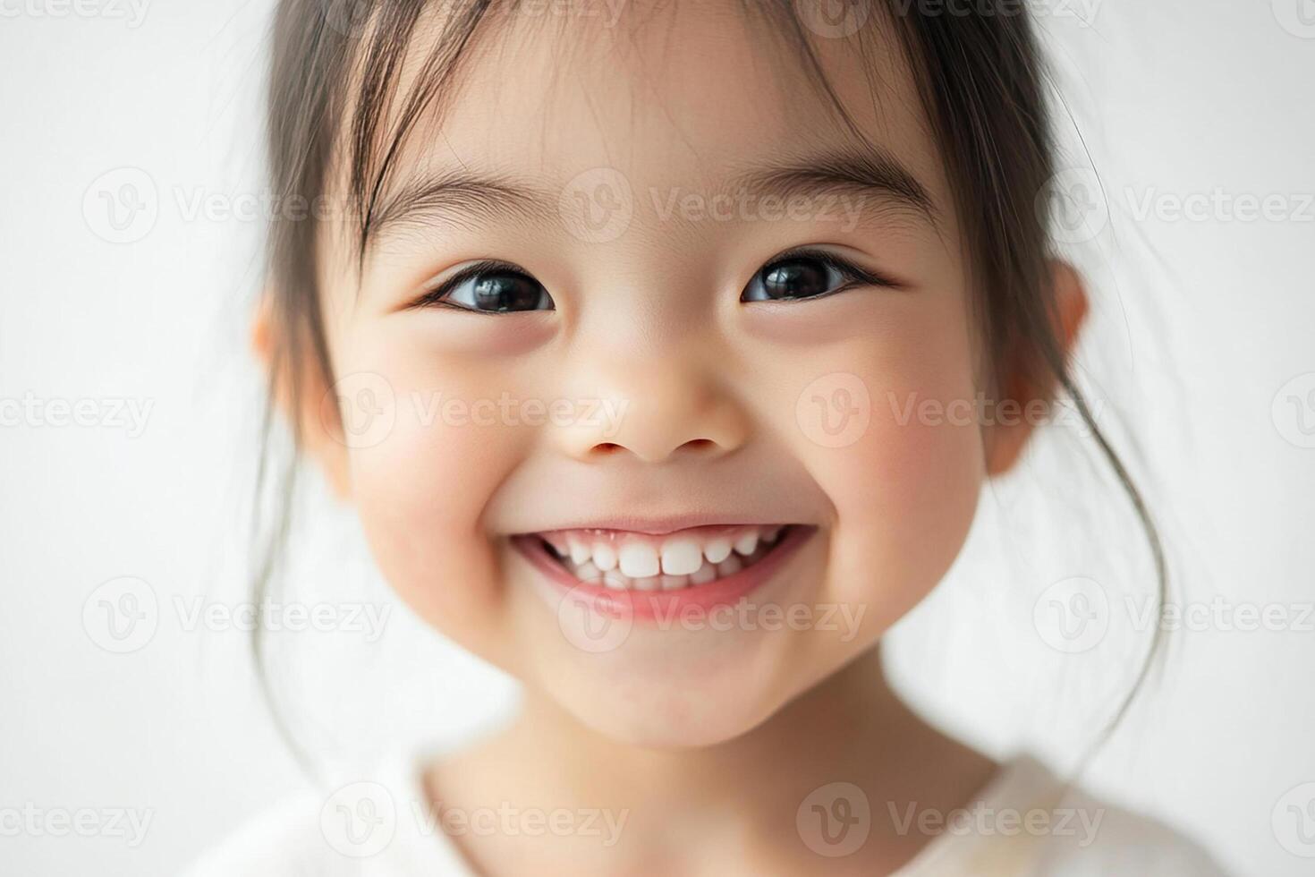A little girl smiles while standing in front of a white background photo