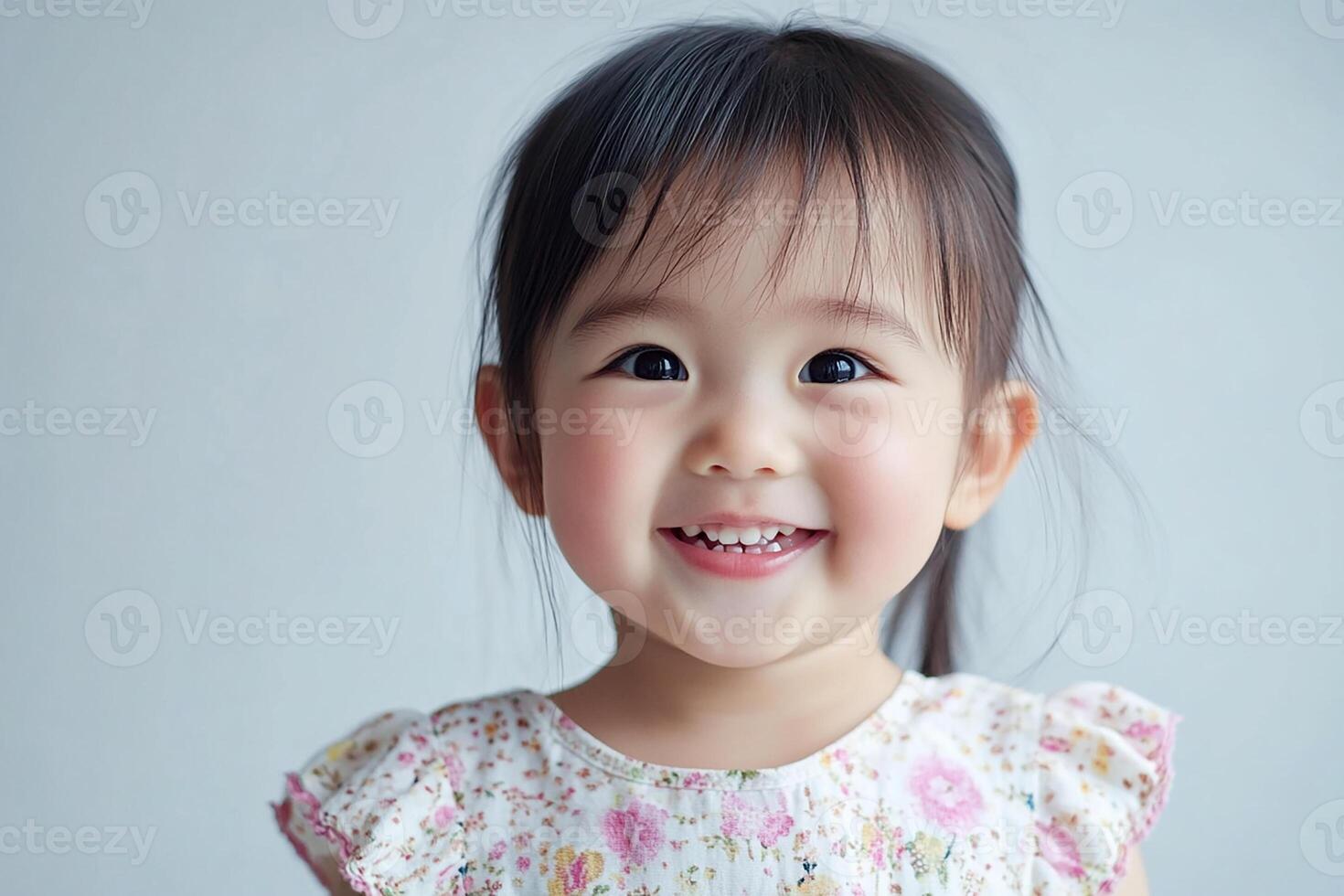 A little girl smiles while standing in front of a gray background photo