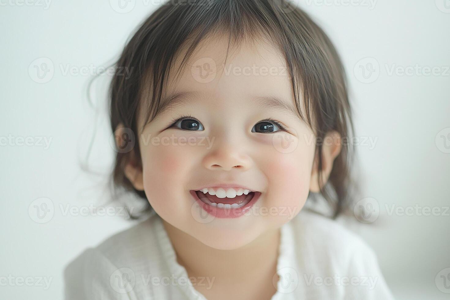 A little girl smiles while sitting on a white background photo