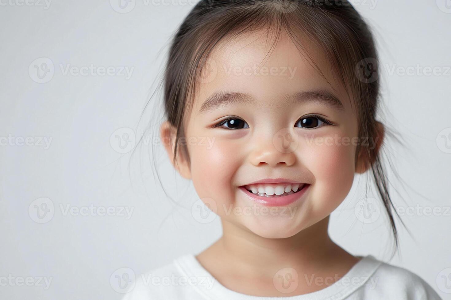 A little girl with dark hair and a white shirt photo