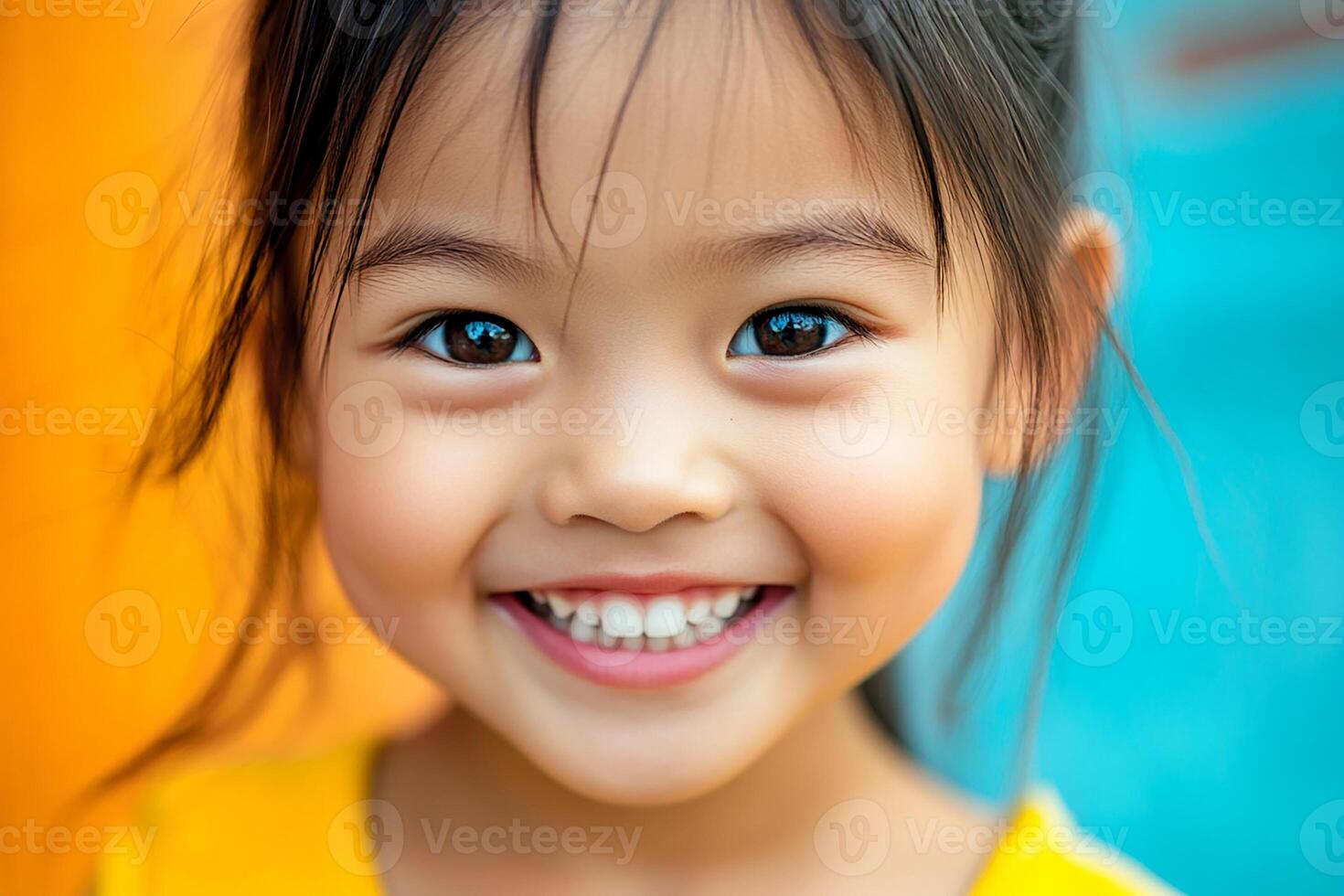 A little girl with blue eyes smiles at the camera photo