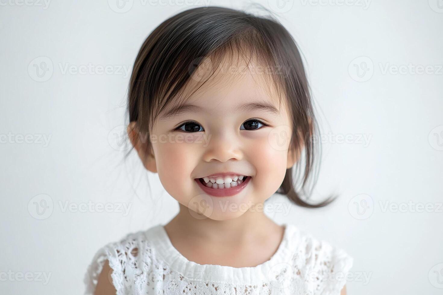 A little girl smiles while standing in front of a white background photo