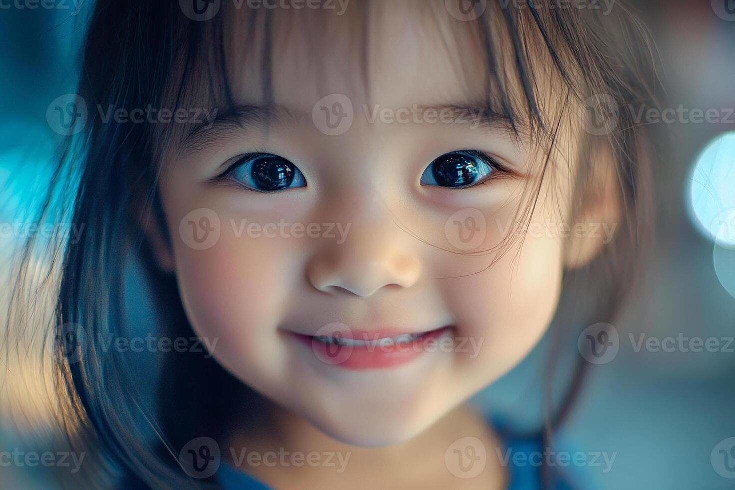 A little girl with blue eyes is smiling photo