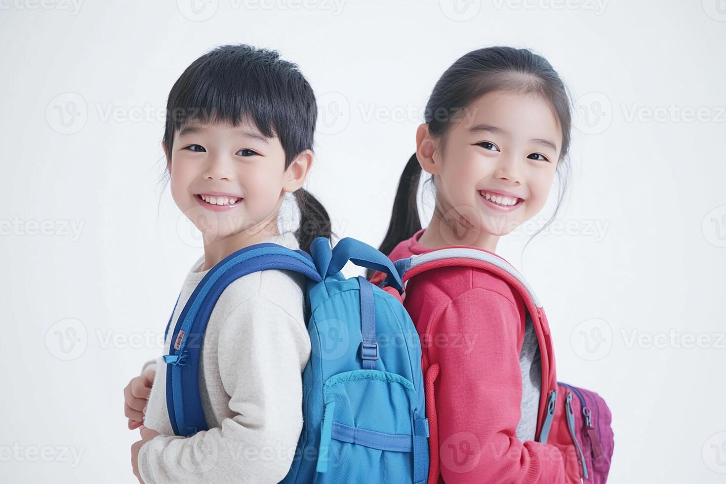 Two children with backpacks standing together photo