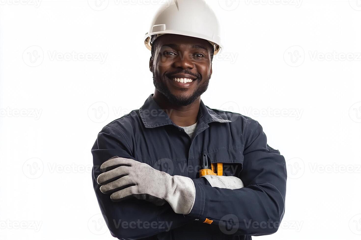 An african american man in a hard hat and gloves photo