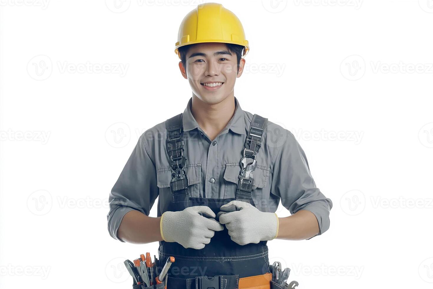 A young man in a hard hat and overalls photo