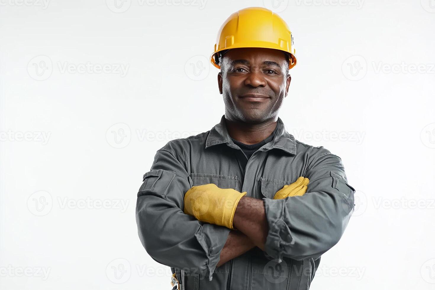 An african american man in a hard hat and yellow gloves photo