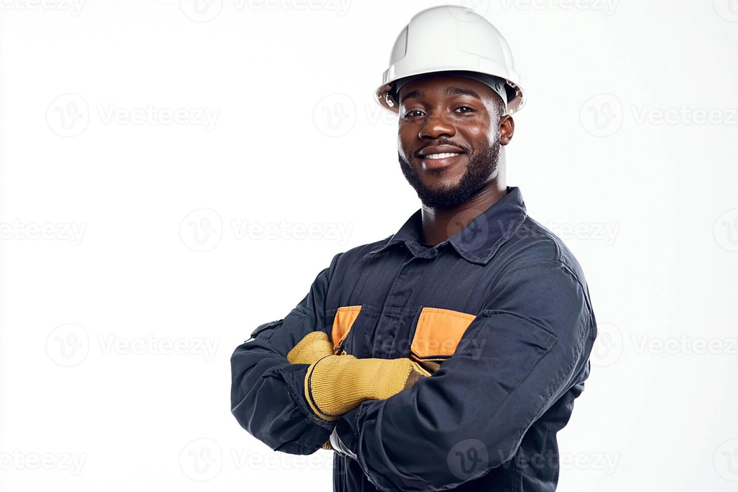 An african american man in a hard hat and safety vest photo