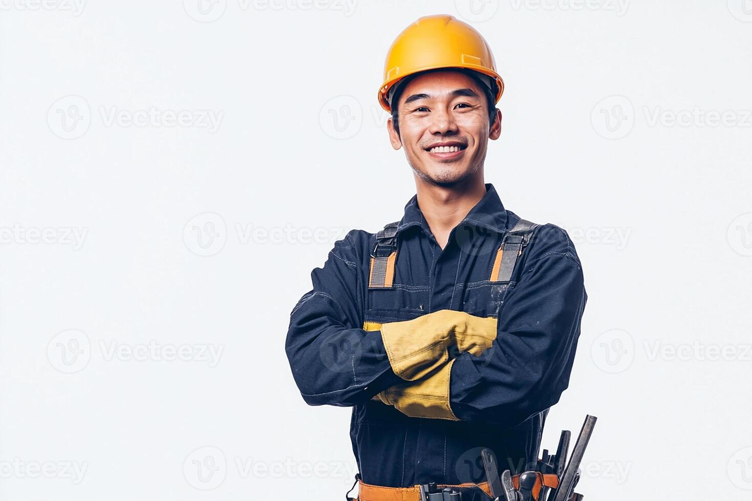 Asian male construction worker with tools photo