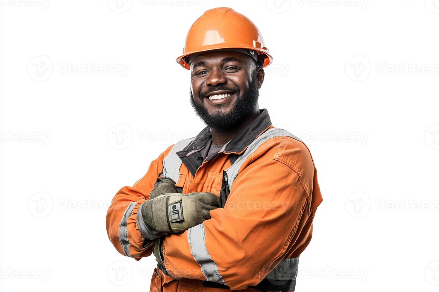 An african american man in an orange hard hat photo