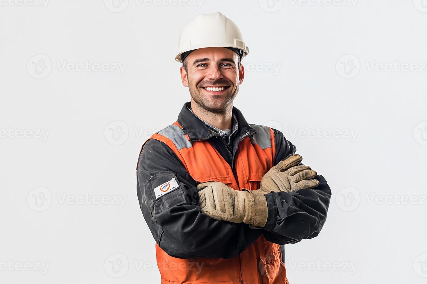 A man in an orange and black work vest and hard hat photo