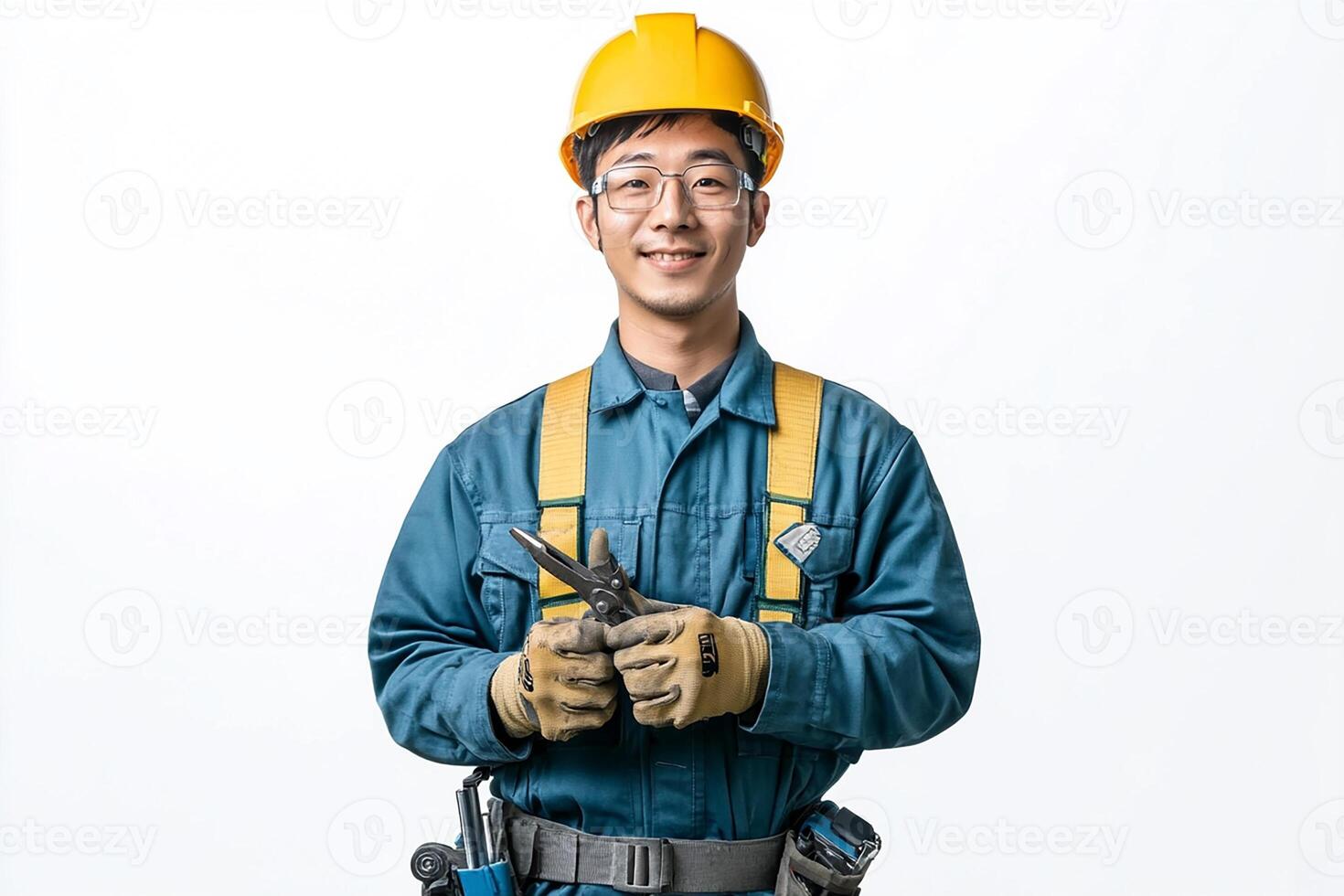 A young man in a hard hat and safety glasses photo
