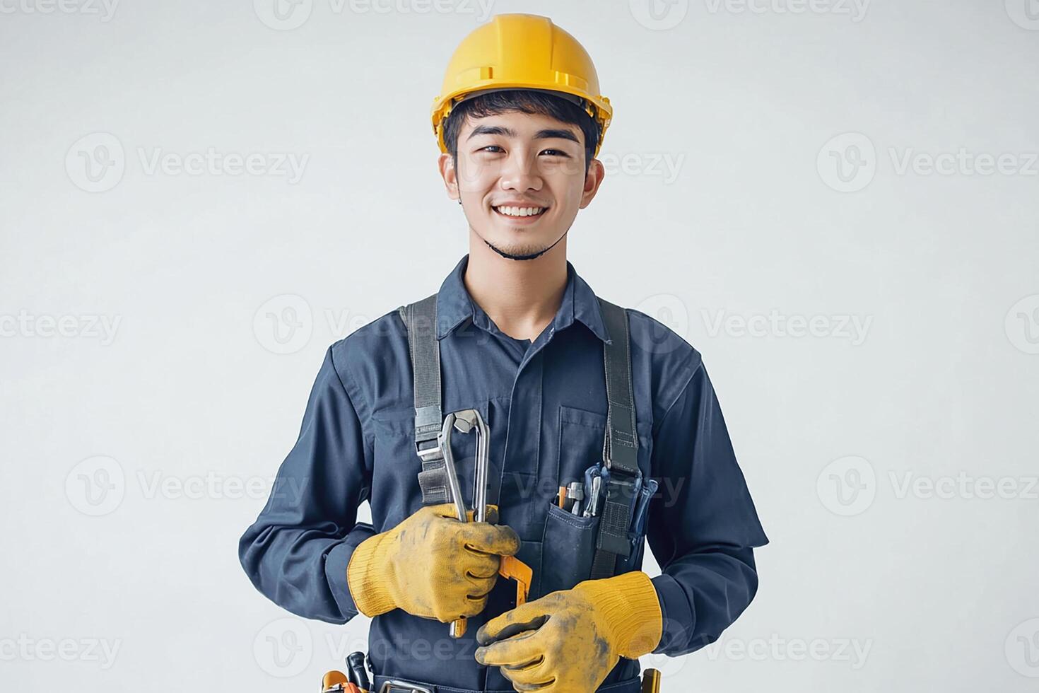 Asian male construction worker holding a wrench photo