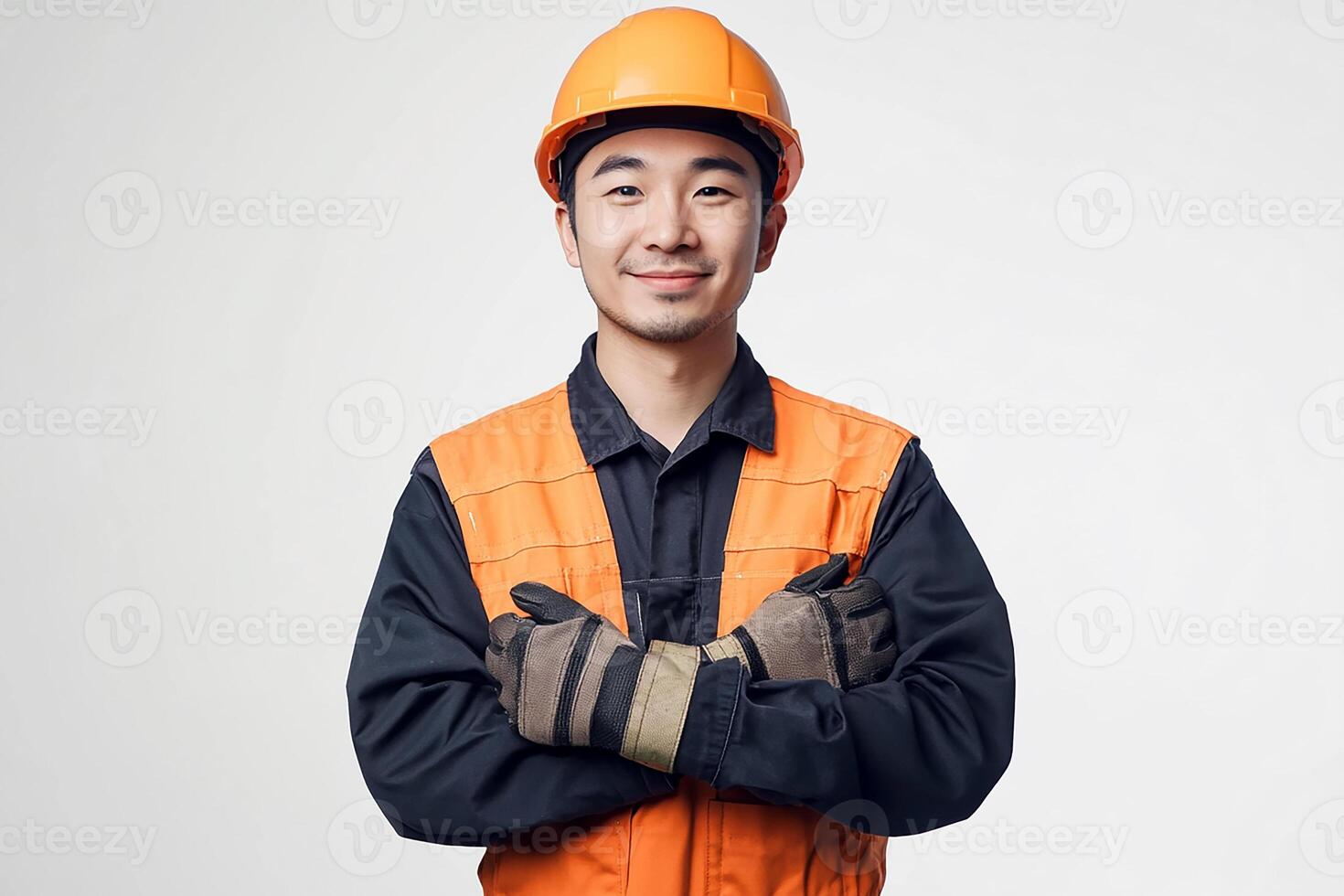 Asian man in orange vest and gloves posing for the camera photo