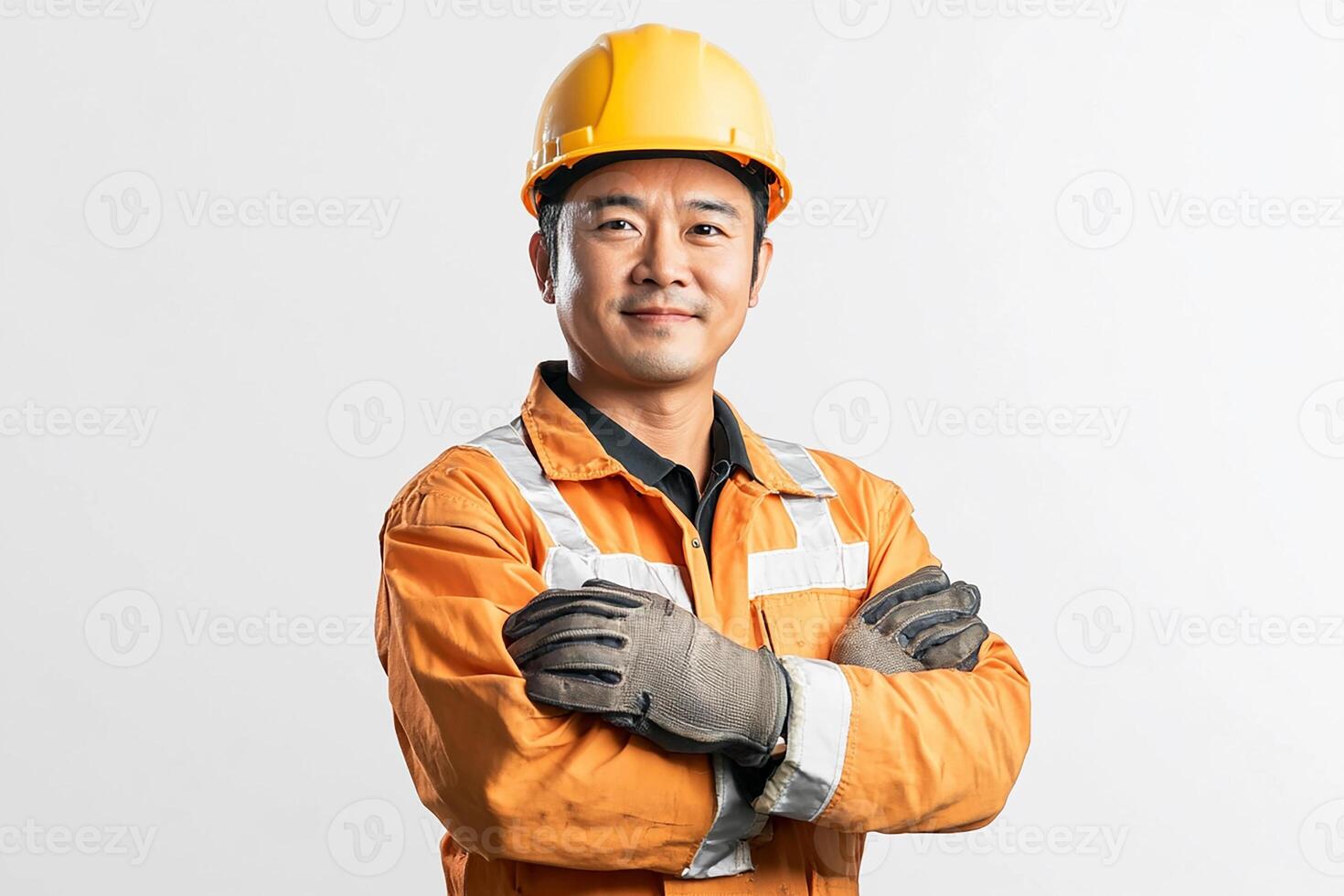 Asian man in orange work uniform with his arms crossed photo