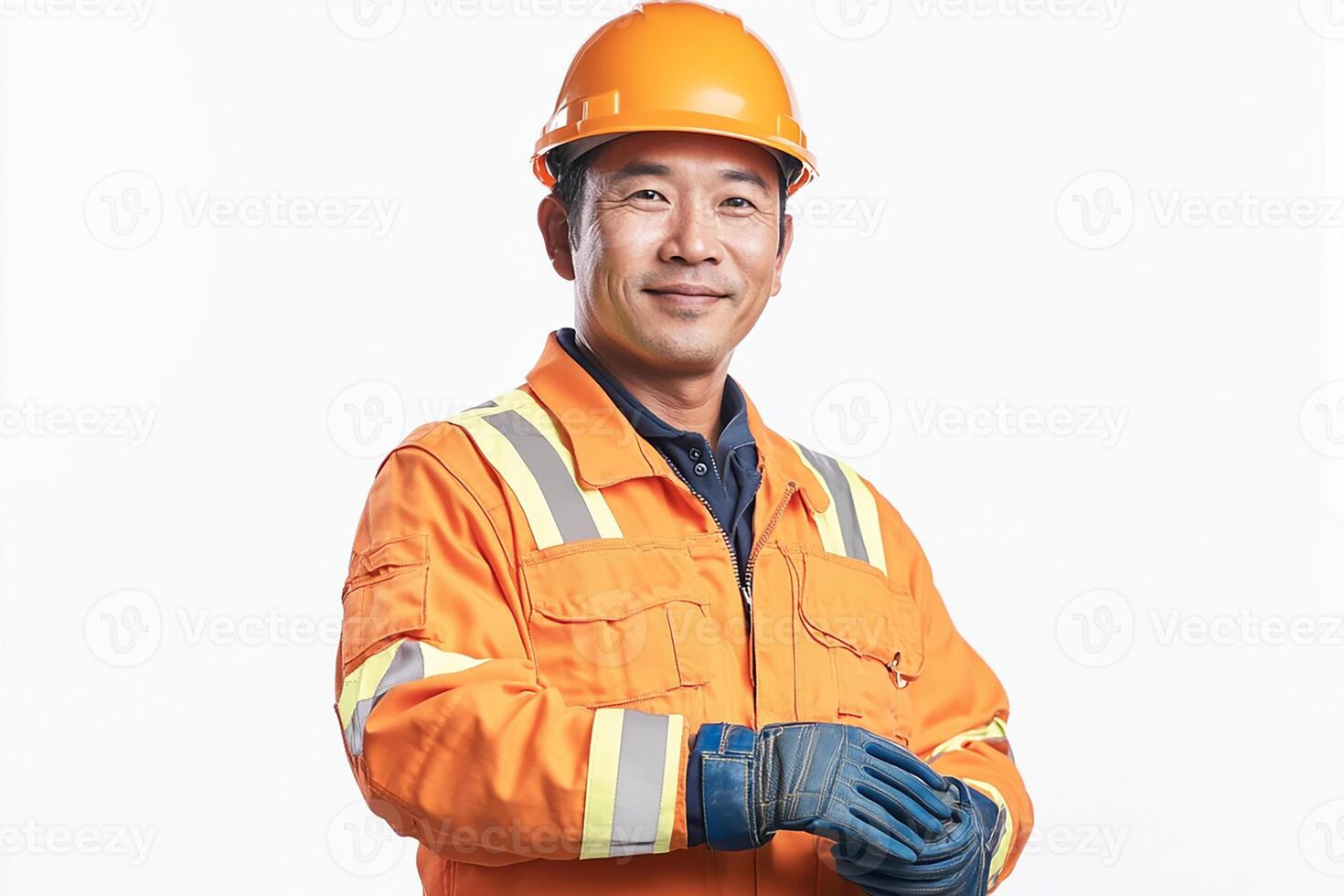 An asian man in an orange safety vest photo
