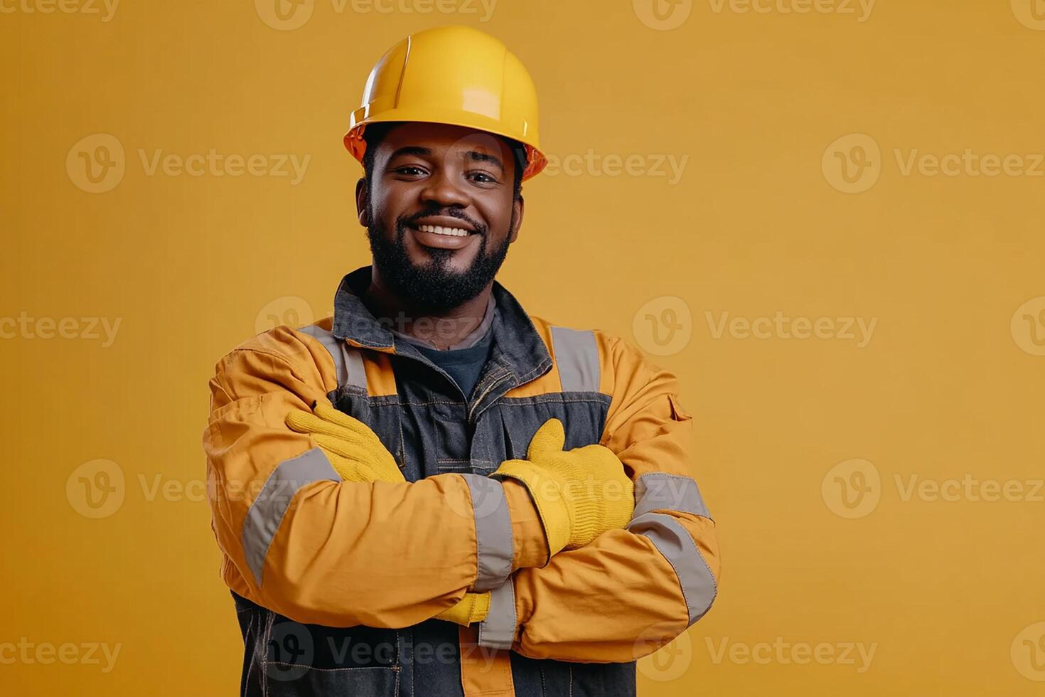 An african american man in a hard hat and yellow gloves photo