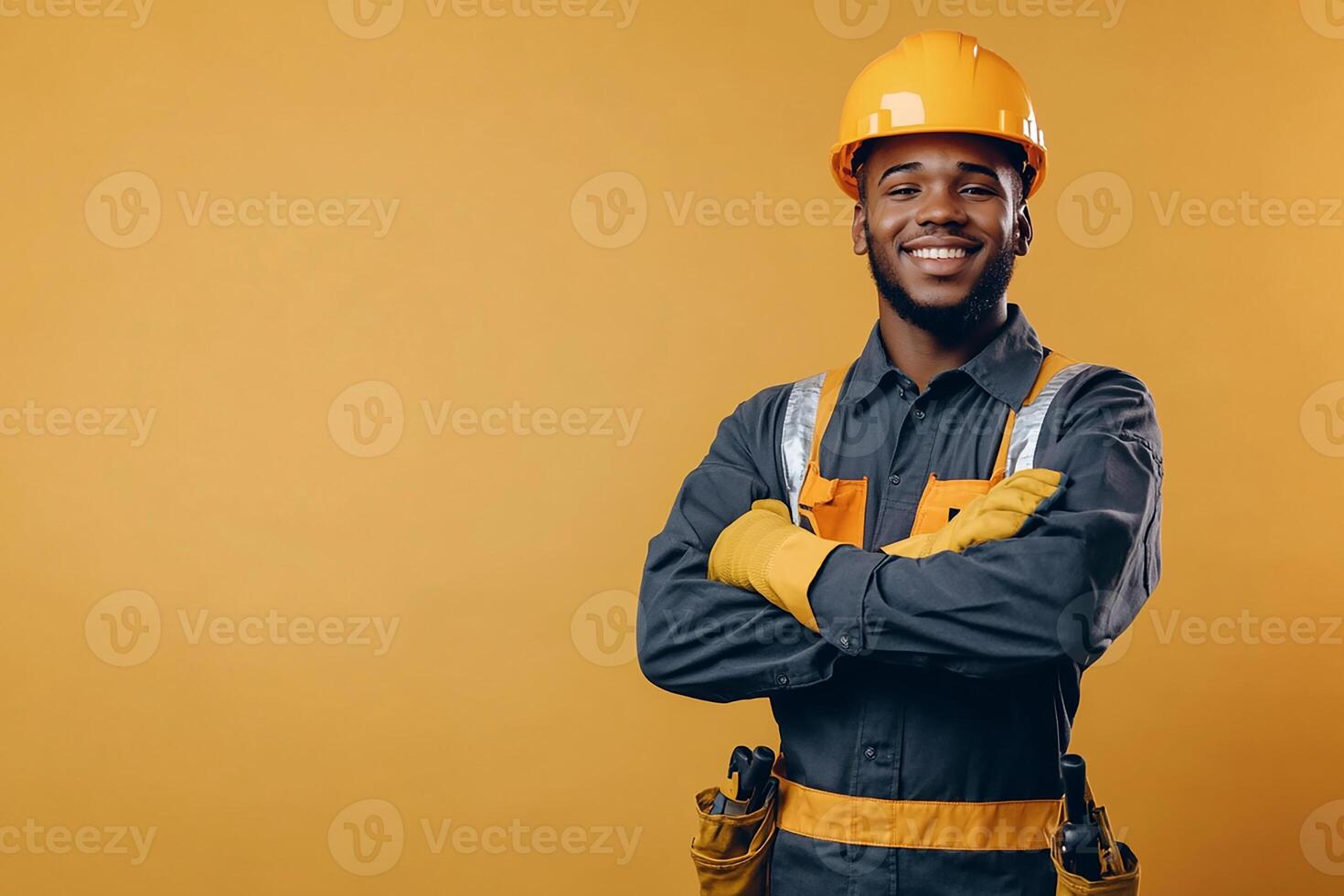 An african american man in a hard hat and safety vest photo