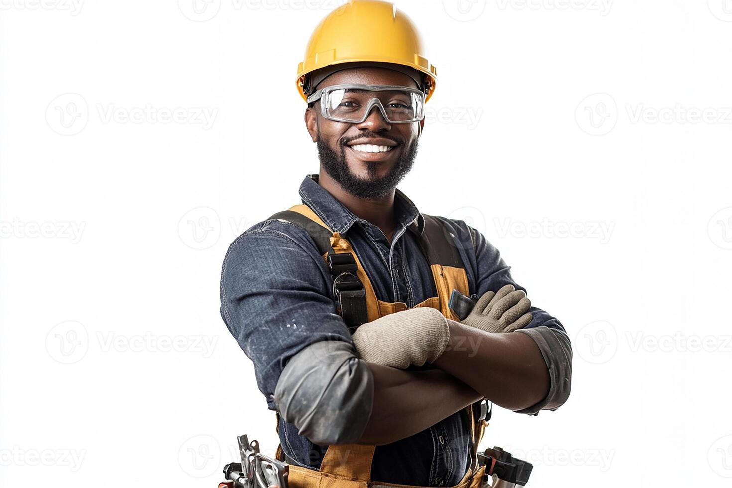 A smiling black man in a hard hat and safety glasses photo