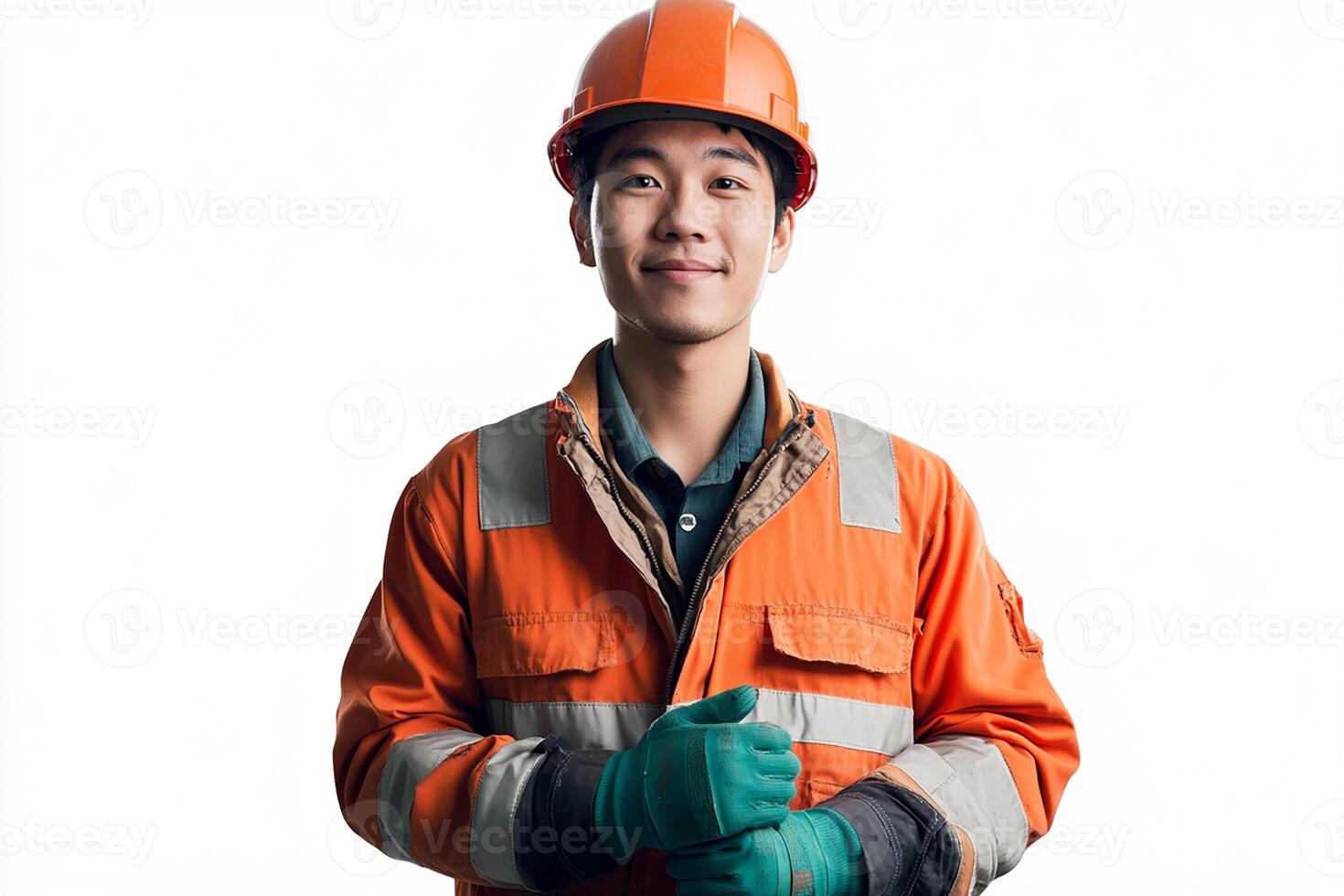 A young man in an orange safety suit and hard hat photo