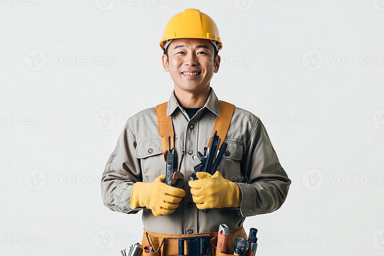 A man in a hard hat and gloves holding a tool photo