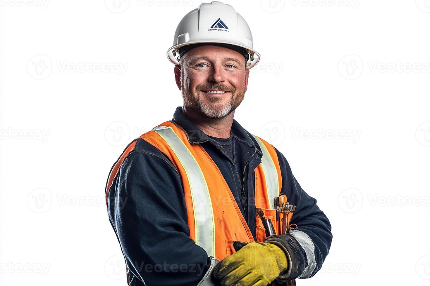 A man in an orange vest and safety vest holding a tool photo