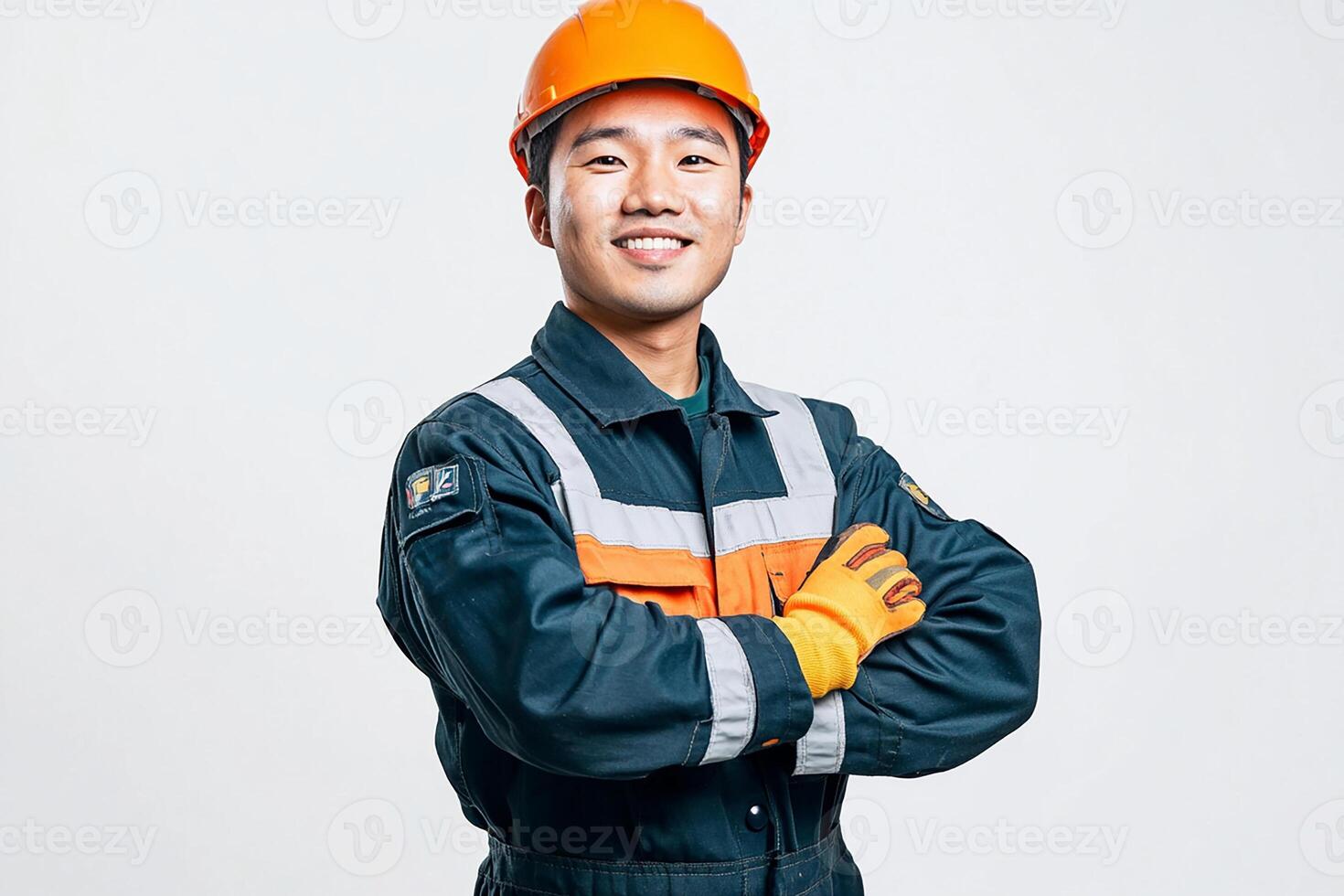 Asian male construction worker with orange helmet and orange gloves photo