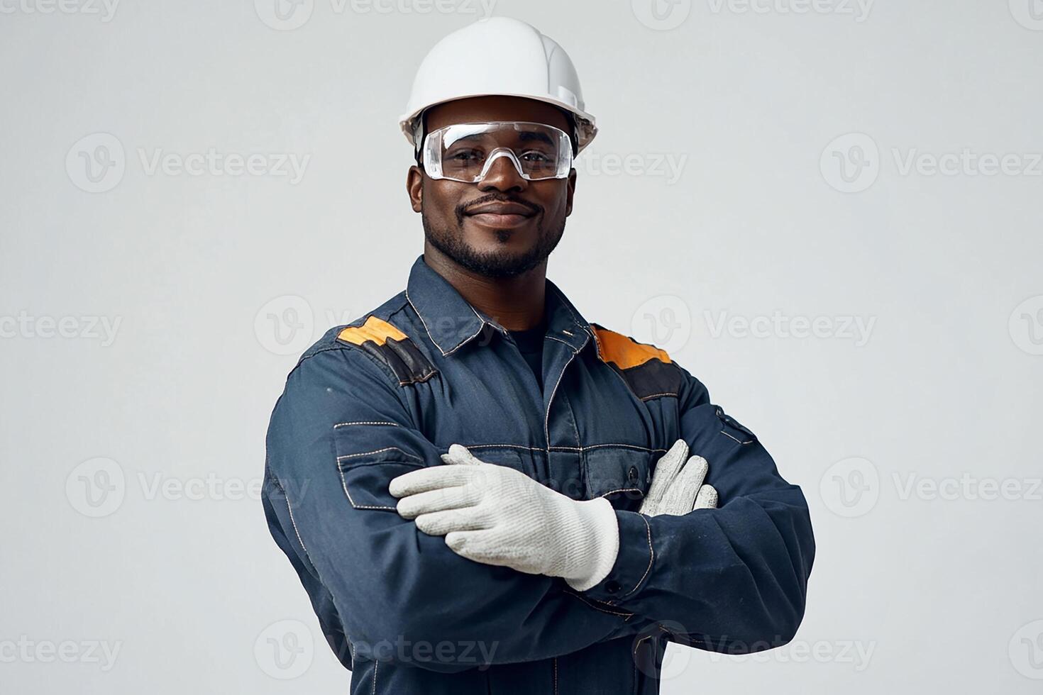 An african american man in a hard hat and safety glasses photo