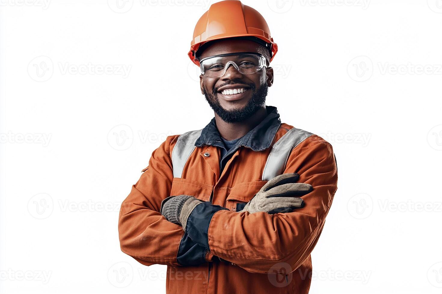 An african american man in an orange hard hat and safety glasses photo