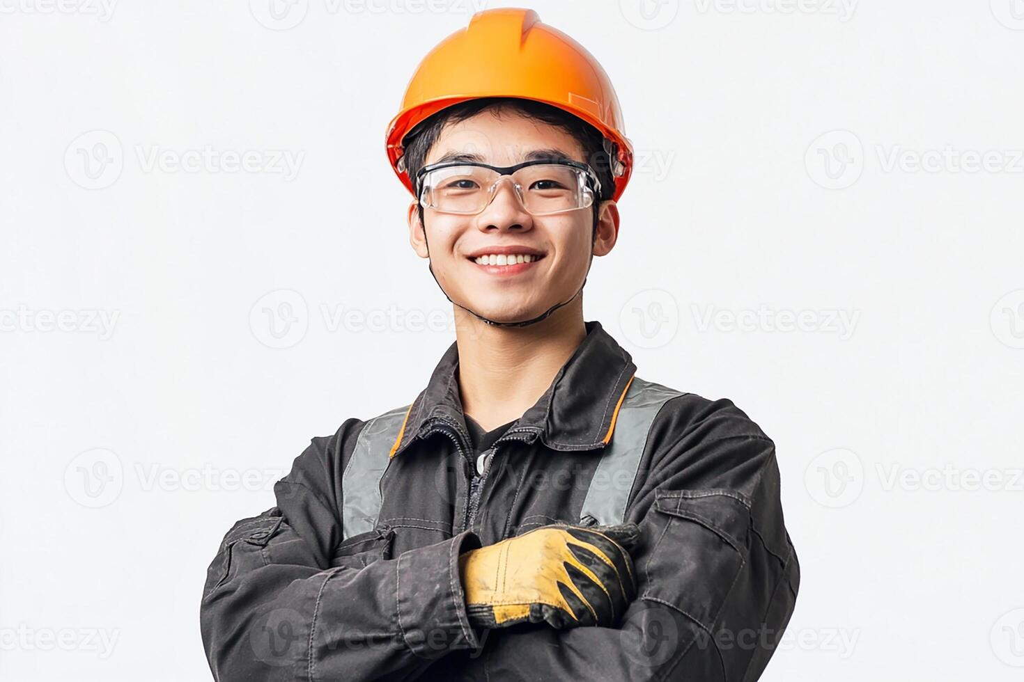A young man in a hard hat and safety glasses photo