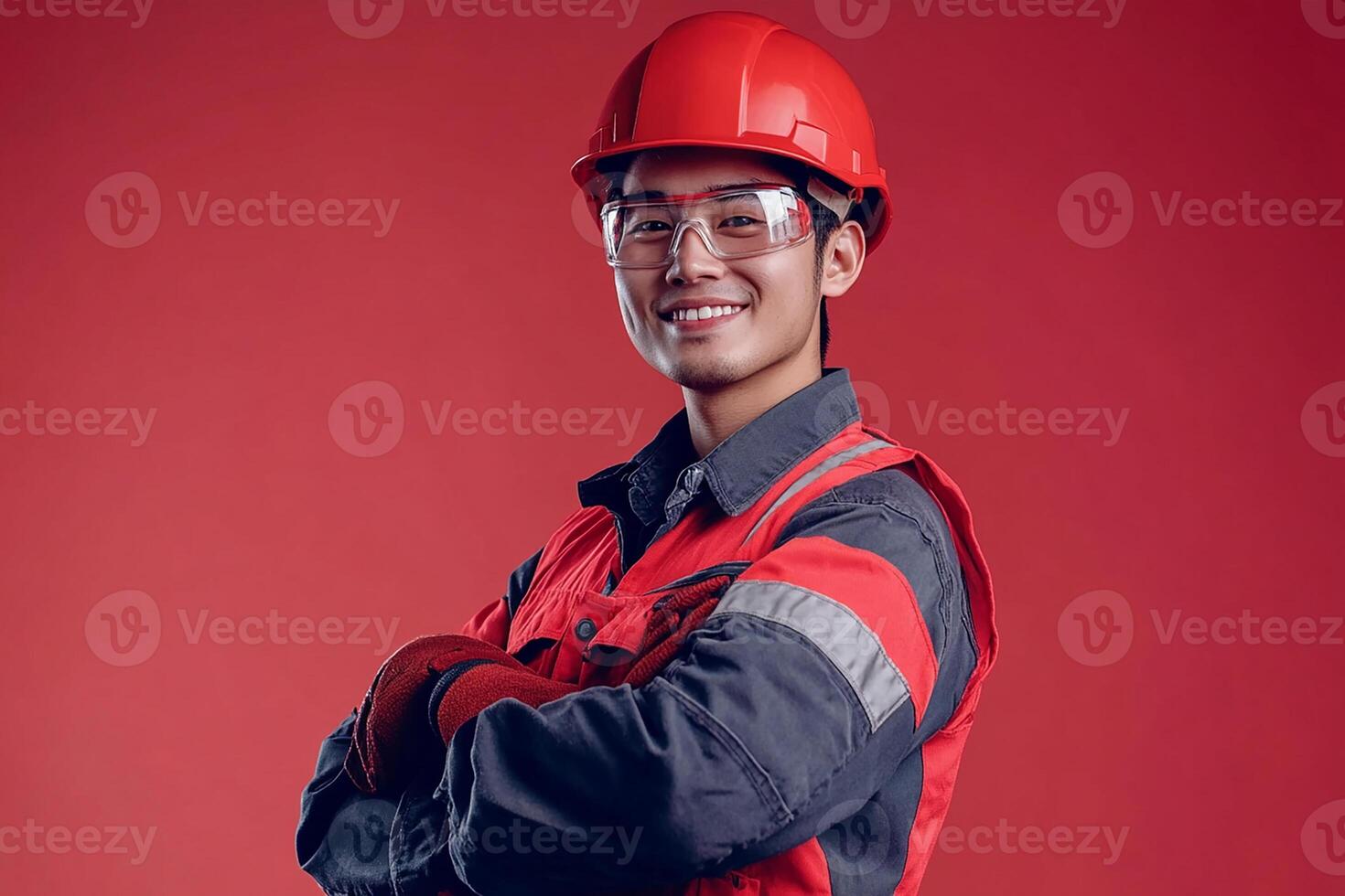 Asian man in red hard hat and glasses photo