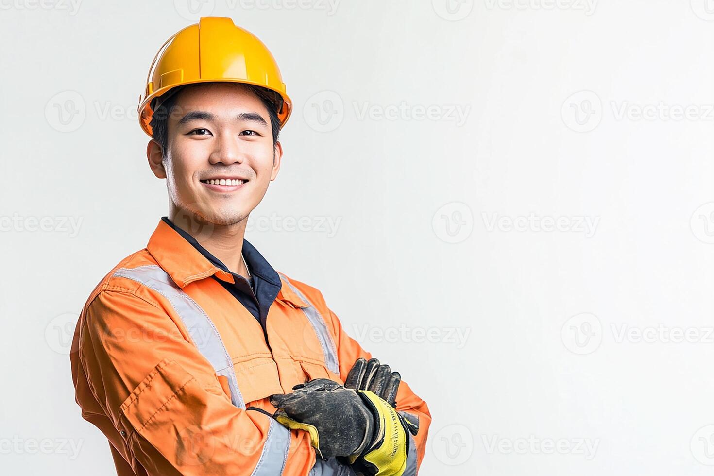 Asian man in orange work uniform with gloves and helmet photo