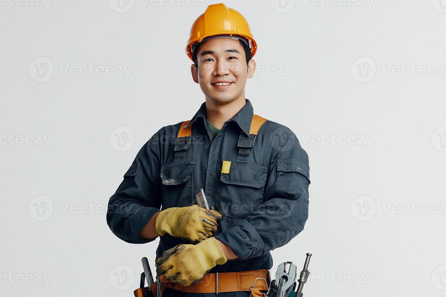 Asian male construction worker holding tools photo