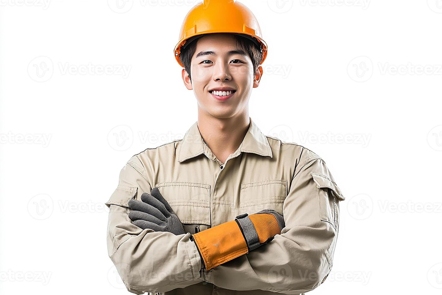 A young man in a hard hat and gloves photo