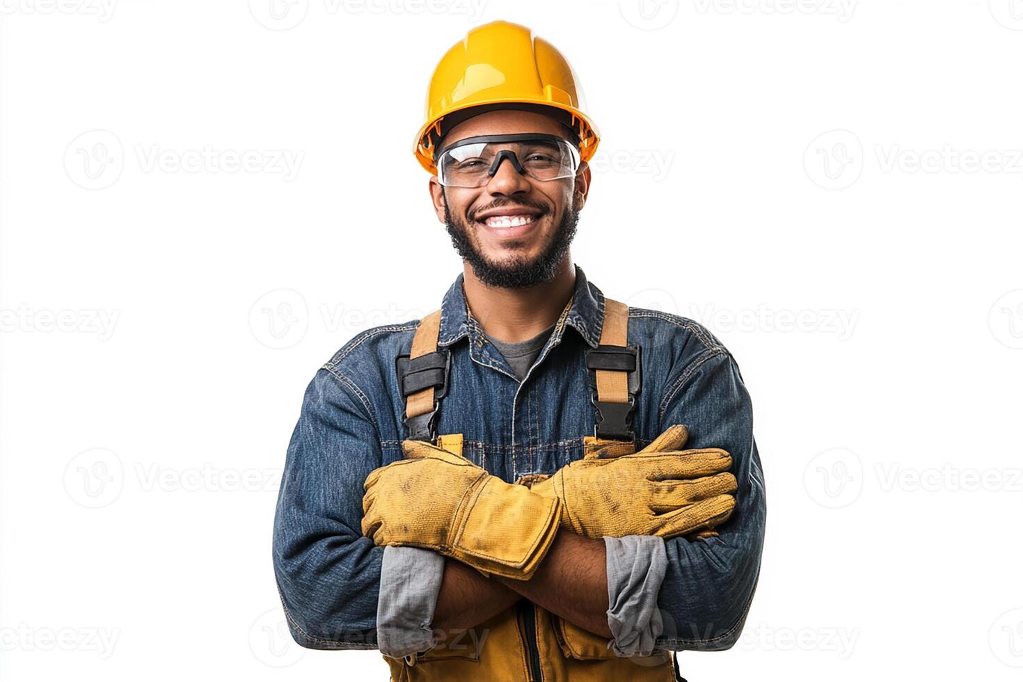 A smiling black man in a hard hat and overalls photo