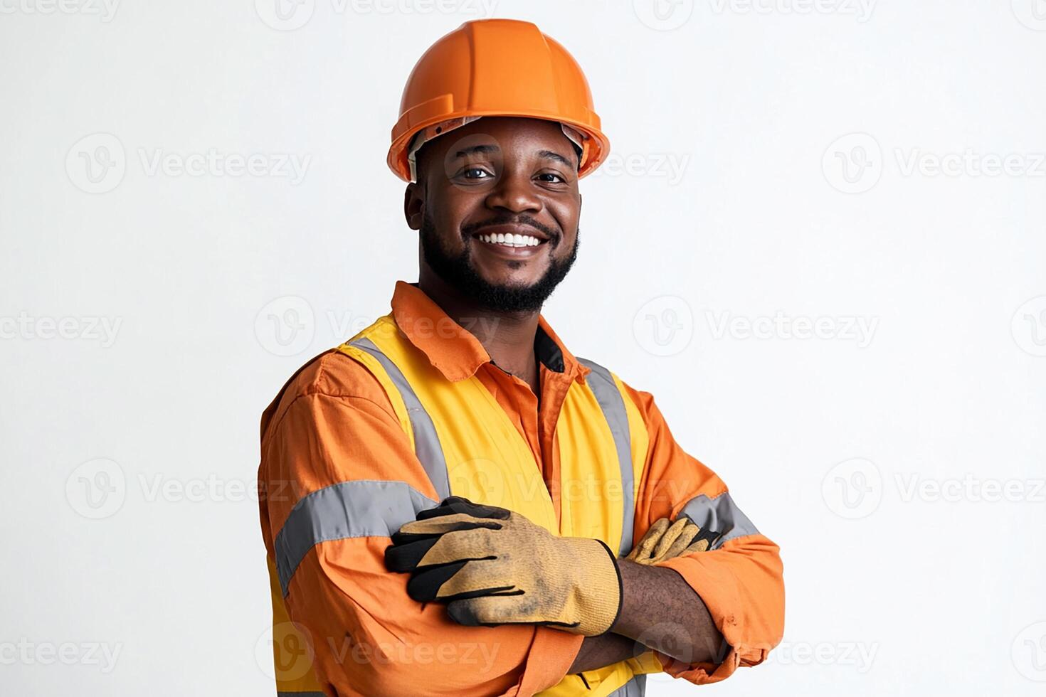 An african american man in an orange safety vest photo