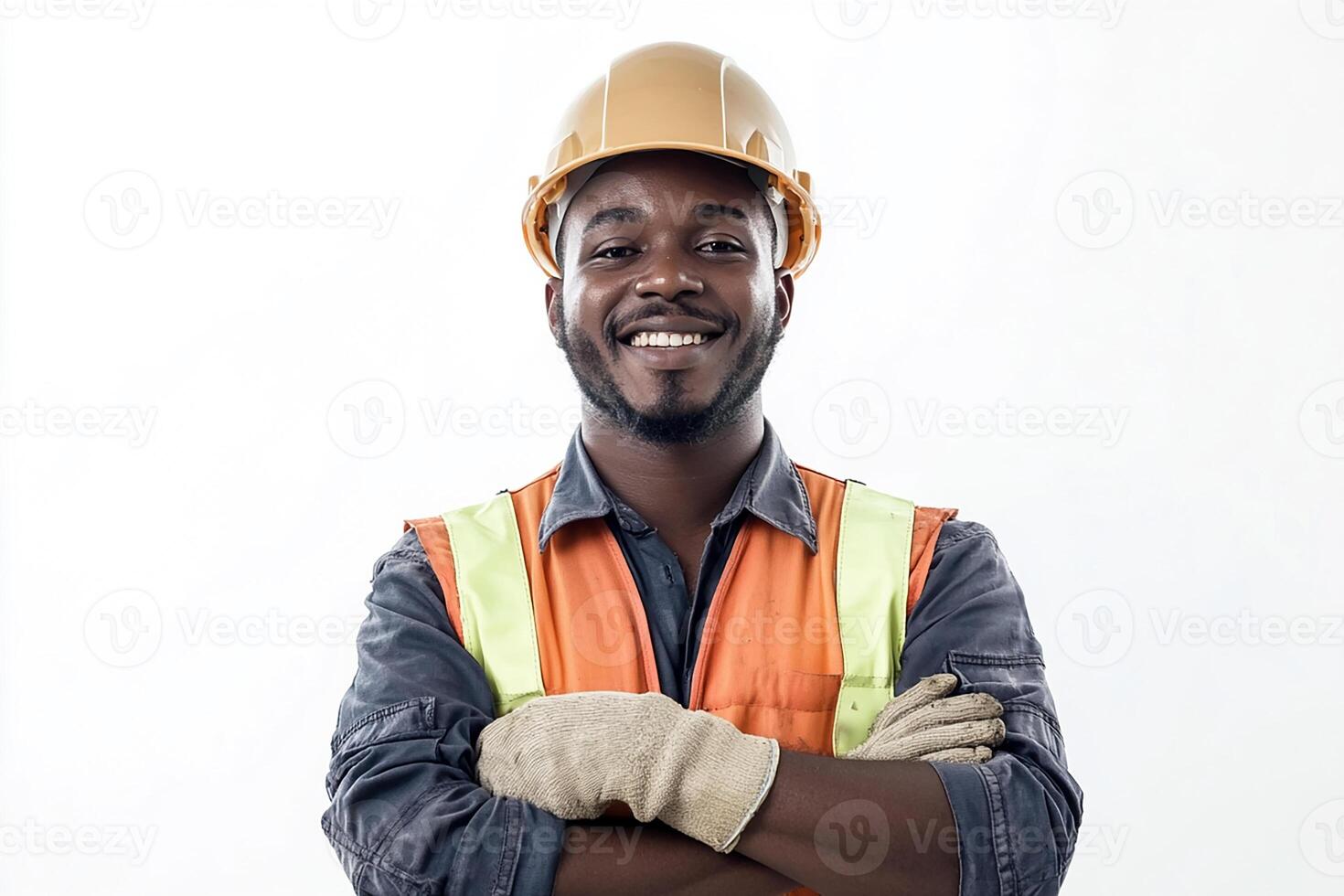 An african american man in a hard hat and vest photo