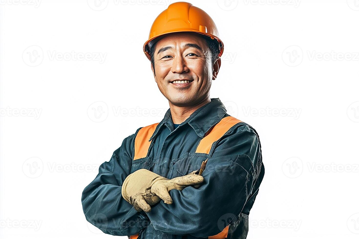 Asian man in hard hat and safety vest photo