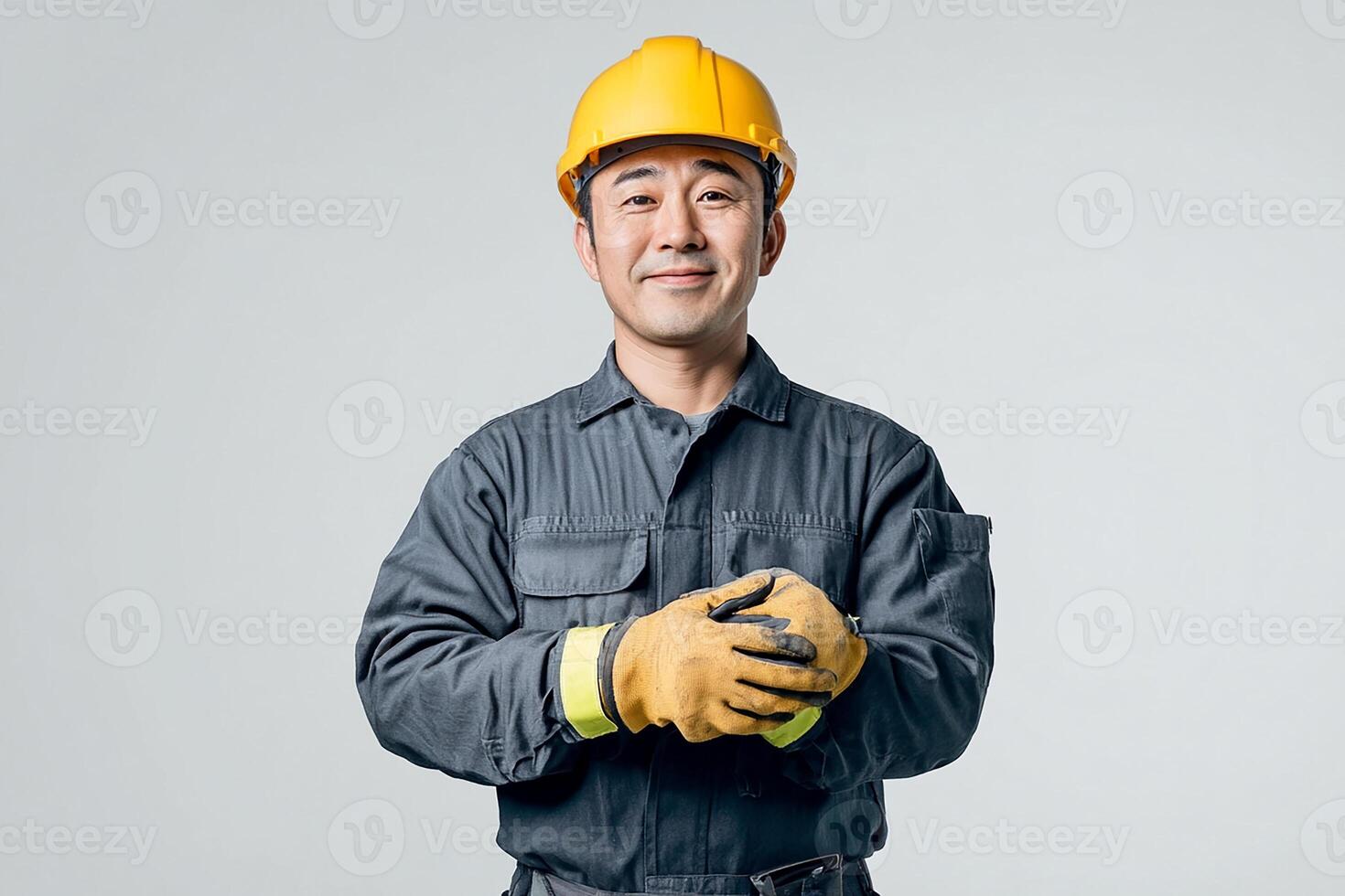 Asian man in hard hat and gloves photo