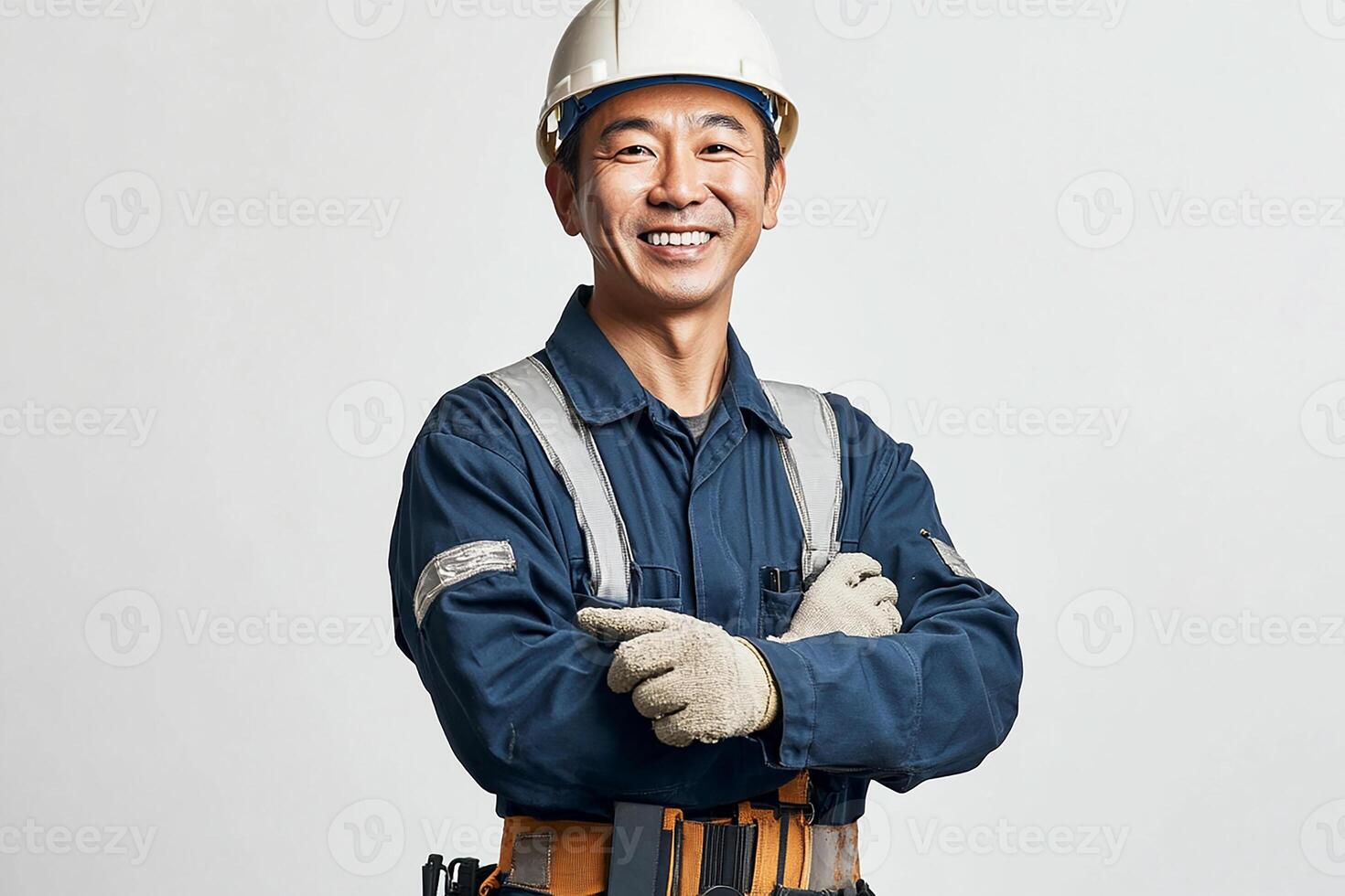Asian man in hard hat and overalls photo