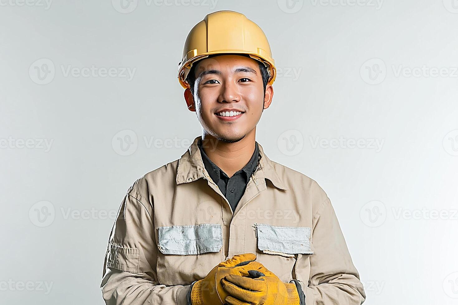 A man in a hard hat and yellow gloves photo