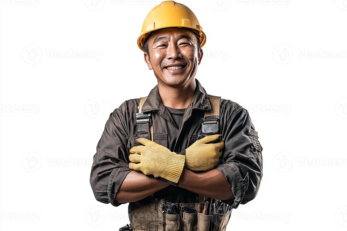 A smiling man in a hard hat and gloves photo