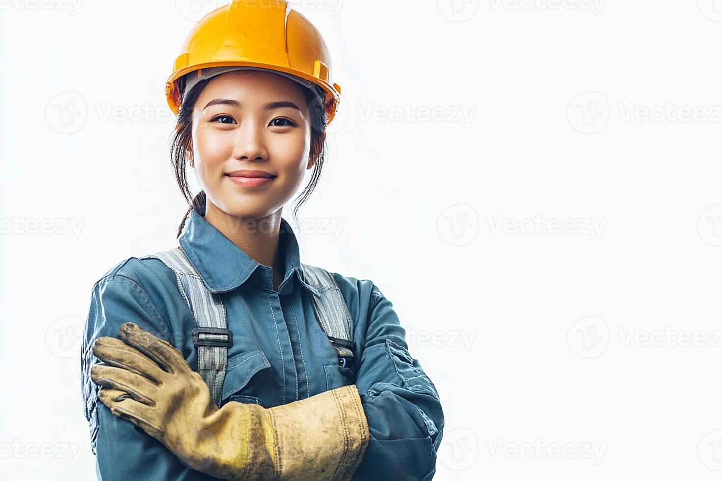 A woman in a hard hat and safety glasses photo