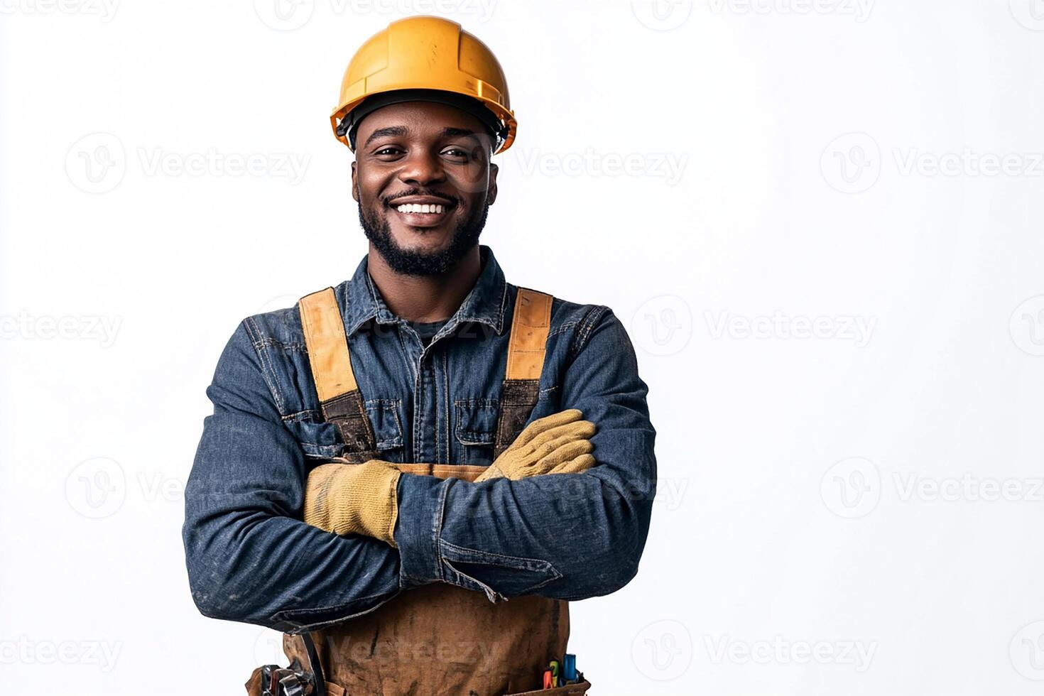 A smiling black man in overalls and a hard hat photo