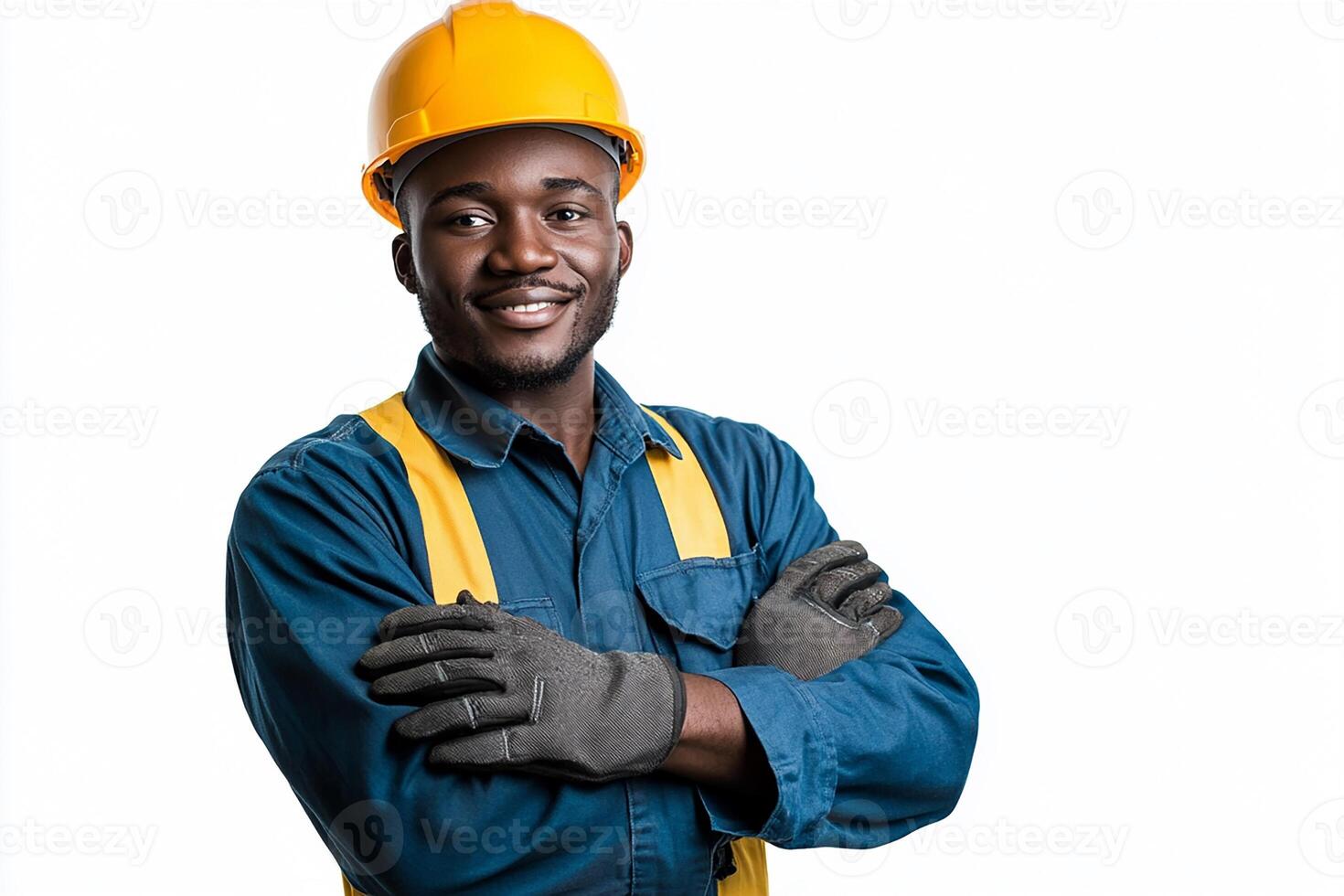 An african american man in a hard hat and overalls photo
